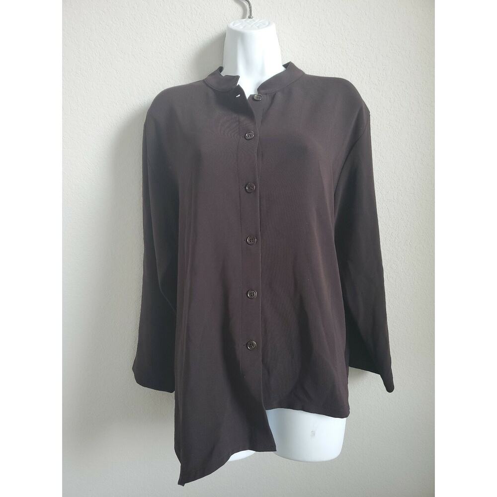 Blanque Womens Brown Asymmetric Button Down Top Size 1 Triacetate Blend
